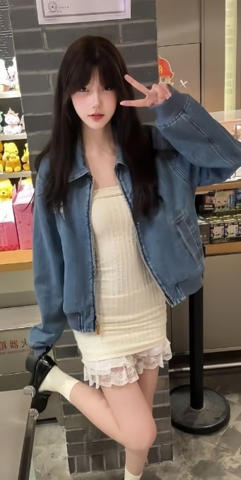 一只香身着牛仔外套与奶油色裙装在店内比出剪刀手 一只香身着牛仔外套与奶油色裙装在店内比出剪刀手